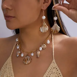 Boho Beach Shell & Pearl Necklace Earring Set, Gold Alloy Conch Starfish Dangle Jewelry, Vacation Wedding Accessories for Women
