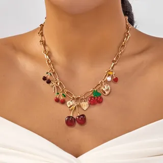 Cherry Strawberry Charm Necklace, French Vintage Sweet Collarbone Chain, 18K Gold Plated Alloy with Enamel Fruit & Pearl Pendants, Adjustable 45+8cm, Red Women's Jewelry