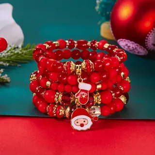 Christmas Beaded Bracelet Set of 4 - Christmas Tree & Bell Charm, Red Green White Alloy Crystal Beads, 18cm Holiday Gift for Women