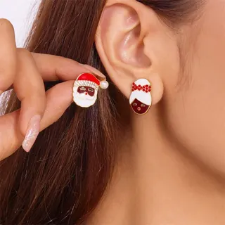 Christmas Santa & Grandma Cartoon Earrings, Asymmetric Fun Stud Earrings with Pearl & Rhinestone, Alloy Enamel Holiday Party Jewelry for Couples