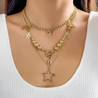 Gold Multi-Layer Star Necklace with Saturn & Pearl Beads, Y2K Chunky Chain Collar Necklace for Women, Adjustable 40+5cm