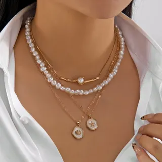 Vintage Sea Star & Shell Baroque Pearl Layered Necklace Set, 4-Chain Gold Plated Alloy Clavicle Chain, French Retro Ocean Style Jewelry for Women