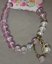 French Vintage Pink Glass Bead Bracelet with Pearl & Gold Clasp Sweet Elegant Charm Bracelet for Women
