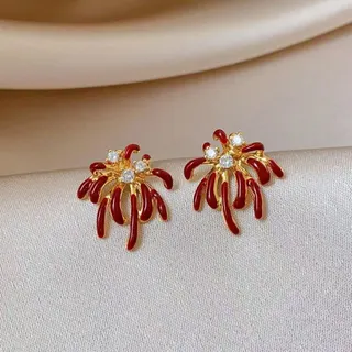 Red Firework Stud Earrings Women - Resin & Stainless Steel, 18K Gold Plated with Zirconia, Festive Wedding Party Jewelry, Lightweight Hypoallergenic Earrings (3x3cm)