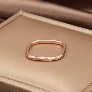 Rose Gold Geometric Square Ring for Women, Minimalist Thin Band with Single Zircon Accent, Copper Base 18K Gold Plated, Stackable Fashion Jewelry 1.9cm