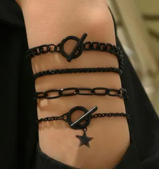 Gothic Punk Bracelet Set of 4 - Black Chain & Star Pendant Alloy Bangles, 18cm Layered Wrist Jewelry for Women