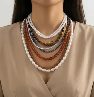 Multi-Layer Faux Pearl Beaded Necklace - Vintage Mixed Color (White/Brown/Black/Gold) Statement Layered Chain, 41-50cm, for Women