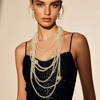 White Pearl Long Necklace Multi-Strand Sweater Chain, Elegant Vintage Layered Pearl Lariat for Dress & Sweater, 42+6.5cm