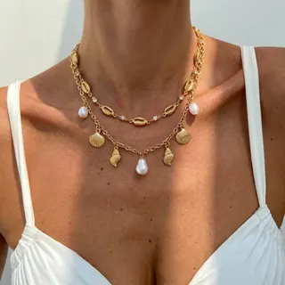 Summer Ocean Shell Pearl Necklace, Double Layer Starfish & Conch Drop Pendant, 18K Gold Plated Alloy with Imitation Pearl, French Vintage Beach Jewelry for Women