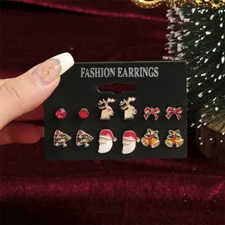 Christmas Earrings Set 6 Pairs - Rhinestone Christmas Tree Reindeer Santa Bell Bow Stud Earrings, Alloy 18K Gold Plated Holiday Gift Jewelry