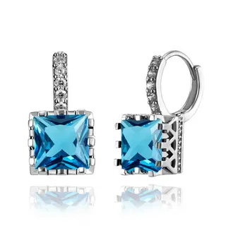 Luxury Blue Princess Cut Zircon Hoop Earrings, Crown Pavé White Gold Plated Copper Earrings for Women, 2x0.9cm, Pair