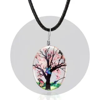 Botanical Dried Flower Pendant Necklace - Blue Butterfly Tree Glass Resin Oval Charm with Braided Leather Cord, Vintage Boho Jewelry for Women