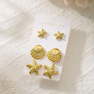 Ocean Starfish & Shell Stud Earrings Set of 3, White Gold Plated, French Vintage Beach Style, Hypoallergenic Polished Sea Life Earrings for Women