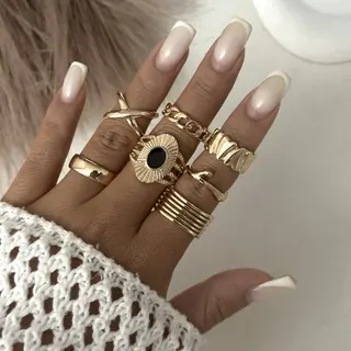 7pcs Geometric Statement Ring Set, Gold Plated Alloy Open Adjustable Stacking Rings, Flower Black Stone & Multi-band Vintage Finger Rings for Women