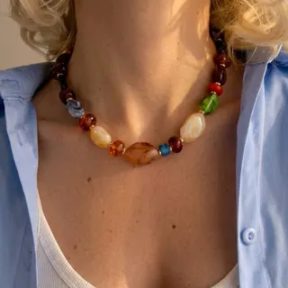 Hand-Painted Heart Pendant Necklace Blue Irregular Beaded Acrylic Alloy Chain Hand-Dripped Oil Floral Design 40+5cm Adjustable French Vintage Choker for Women