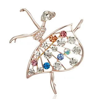 Dancing Girl Rhinestone Brooch, Rose Gold Alloy Openwork Ballet Dancer Pin with Multicolor Crystal, Elegant Fashion Jewelry Gift for Women