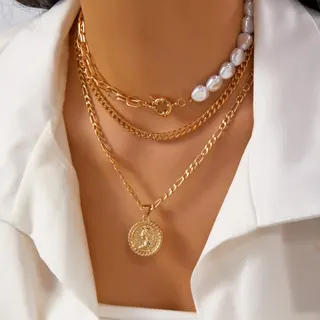 3-Layer Layered Necklace Set, Gold Tone Coin Medallion Pendant with Pearl Cuban Chain, Vintage Luxury Collar Necklace for Women