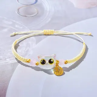 Black Cat Blue Eye Bracelet with Lucky Fu Charm, Adjustable Woven Cord Beaded Bracelet for Women, Resin & Alloy 18K Gold Plated, 14-26cm, Cute Cat Gift