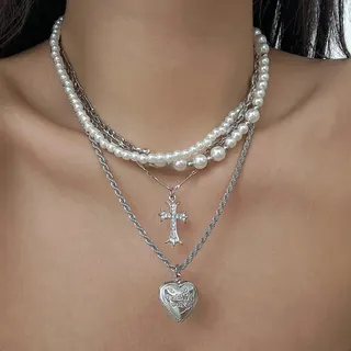 Layered Pearl Beaded Necklace White Gold Alloy with Rhinestone Cross & Heart Pendant, Multi-Strand Choker for Women, 37+7cm/41+7cm