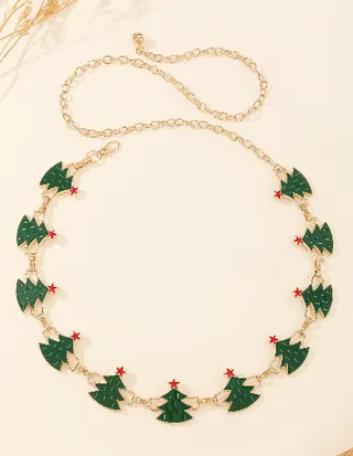 Christmas Tree Waist Chain Belt - Gold Plated Alloy with Green Enamel Trees & Red Star Tops, Adjustable Extender Chain, Festive Holiday Party Accessory Gift
