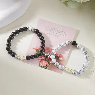 Mother's Day Bracelet Natural White Crystal Beaded Bracelet with MAMA GIRL Letter Beads Red Agate Heart Charm Adjustable Braided Cord Mom Daughter Matching Gift