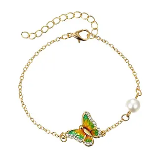 Butterfly Pearl Bracelet for Women - Enamel Painted Green & Orange Wings with Rhinestone Inlay, Gold-Plated Adjustable Chain, Sweet Gift Jewelry