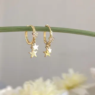 Gold Star Dangle Hoop Earrings with Zirconia - Sweet Delicate Star Drop Earrings for Women, 18K Gold Plated Copper, 1.5x2cm