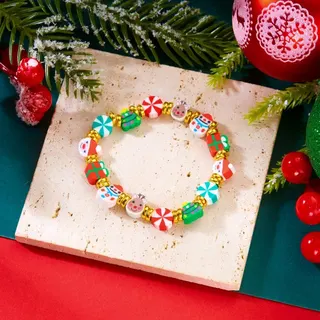 Christmas Clay Bead Bracelet - Santa Reindeer Christmas Tree Gift Candy Cane Striped Beads, Stretchy Elastic String, Festive Holiday Gift for Women Girls