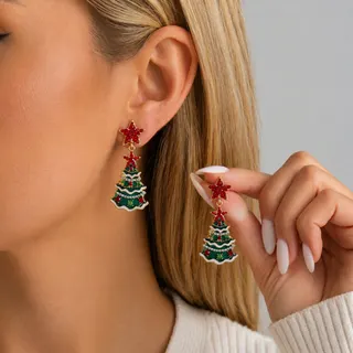 Christmas Tree Earrings for Women, Alloy 18K Gold Plated Star & Tree Dangle Earrings with Rhinestone Enamel, Festive Holiday Jewelry Gift, 1 Pair