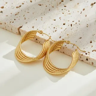 Gold Twisted Hoop Earrings - Stainless Steel 18K Gold Plated Multi-Strand Hammered Textured Hoops, Hypoallergenic Tarnish-Free Geometric Statement Earrings for Women