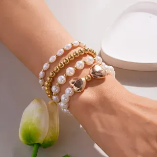 French Chic Pearl & 18K Gold Plated Beaded Bracelet Set, 4-Piece Elastic Stretch Bracelets with Heart Charm, Adjustable 18cm, Sweet Layered Jewelry for Women