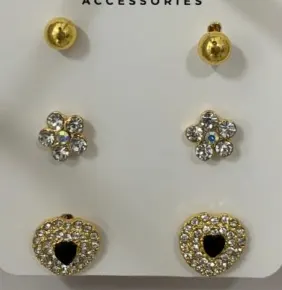 Luxury Rhinestone Earrings Set - 18K Gold Plated Alloy, Flower & Heart Cut-out Zircon Studs, French Vintage 3-Pair Combo, Gift for Her