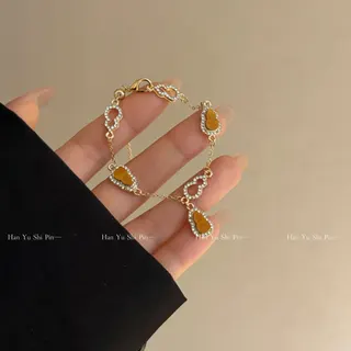 Luxury Teardrop Gourd Zircon Bracelet for Women, 18K Gold Plated Alloy with Orange Drop Stone & Micro-Pavé Crystals, Adjustable 17+5cm Chain, Elegant Gift Jewelry