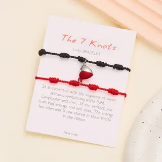 Evil Eye Lucky Knots Bracelet for Couples, Handmade Braided Cord with Resin Blue Eye Charm, Adjustable 16-26cm, Red & Black Pair, 7-Knot Protection Gift with Card