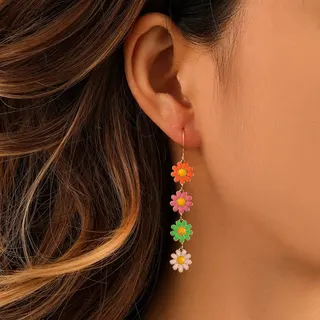 Vintage Daisy Dangle Earrings - Colorful Enamel Flower Earline, 18K Gold Plated Copper, Macaron Sweet Boho Long Drop Earrings for Women