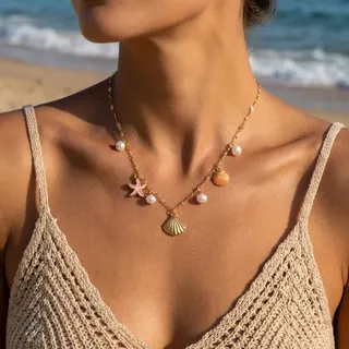 Summer Beach Shell Starfish Necklace Women, Imitation Pearl Clavicle Chain, 18K Gold Plated Alloy, Boho Ocean Pendant Necklace with 8cm Extender