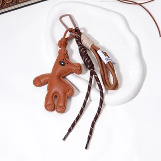 Cute Bear PU Leather Bag Charm, Maillard Style Keychain with Carabiner & Braided Rope, Autumn Winter Bag Accessory Gift