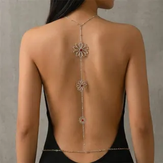 Gold Flower Body Chain Back Chain, Pearl Swimsuit Body Jewelry, 96cm Adjustable Back Chain for Bikini & Dress, Boho Vacation Body Accessory