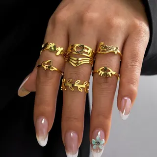 Stainless Steel Gold Ring Set for Women - Butterfly Heart Leaf Evil Eye Open Bangle Rings, 6 Pcs Vintage Boho Stackable Jewelry, Tarnish Free Hypoallergenic