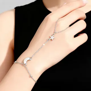 Moon and Star Finger Chain Bracelet, Silver Alloy Long Wrap-Over Hand Chain with Crescent Moon & Star Charm, Minimalist Elegant Jewelry for Women