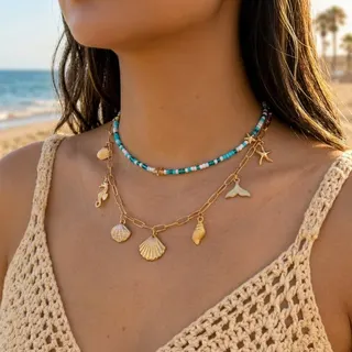 Boho Ocean Necklace Set - Starfish Shell Conch Mermaid Tail Charm Layered Necklace, 18K Gold Plated Alloy + Beaded Chain, Beach Vacation Jewelry, 35+5cm, 2-Piece Set