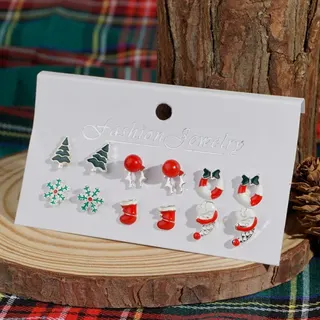 Christmas Earrings Set 6 Pairs - Santa Reindeer Snowflake Candy Bow Alloy Enamel Stud Earrings with Rhinestone, Festive Holiday Party Jewelry Gift