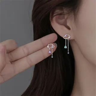 Cloud Tassel Earrings Women - Sweet Luxury Rhinestone Dangle Earrings, Silver Plated Copper with Purple & Blue Zircon, 2.8cm Girlish Drop Earrings (Pair)