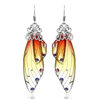 Orange Gradient Butterfly Wing Dangle Earrings, Resin & Alloy with Rhinestones, White Gold Plated Filigree Hook Earrings, Fairy Chic Long Drop Earrings for Women