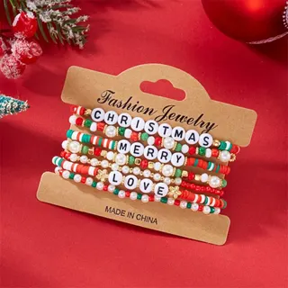 Christmas Beaded Bracelet Set - Merry Christmas Joy Letter Charm Bracelets, Red Green White Gold Alloy Resin Beads, 3-Pack Holiday Gift for Women Girls, ~18cm