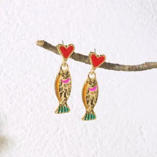 Boho Hammered Heart & Fish Dangle Earrings, Vintage Enamel Gold Alloy Drop Earrings for Women, Summer Vacation Jewelry