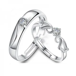 Cute Angel Wing Zircon Couple Rings, Adjustable Open Band, Silver Plated Copper with Cubic Zirconia, Romantic Matching Jewelry Set for Her and Him