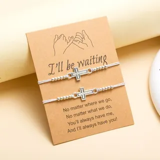 Cross Bracelet for Couples, Adjustable Beaded Braided Cord with Silver Plated Alloy Cross Pendant, Minimalist Religious Jewelry Gift Set (2pcs)