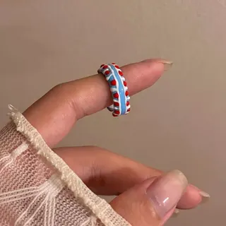 Macaron Donut Ring - Adjustable Open-Back Resin Ring, Pastel Blue White Red Dots, Sweet Y2K Dopamine Jewelry for Women Girls