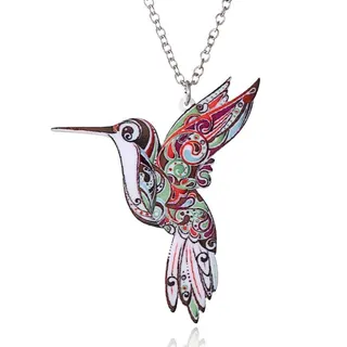 Bohemian Hummingbird Necklace, Acrylic Heat Transfer Colorful Illustration Pendant, Artistic Bird Jewelry for Women, Adjustable Silver Chain 6x5.8cm